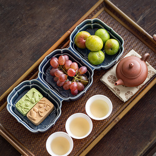 中式创意三格水果盘陶瓷分格干果茶点盘喜糖零食小吃碟甜品点心盘