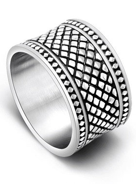 ROCK PUNK宽版欧美复古格子纹个性戒指简约时尚嘻哈潮男食板指环