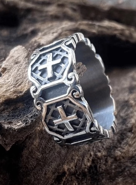 ROCK PUNK潮牌菱形十字架戒指男款复古风高级感欧美饰品闭口指环