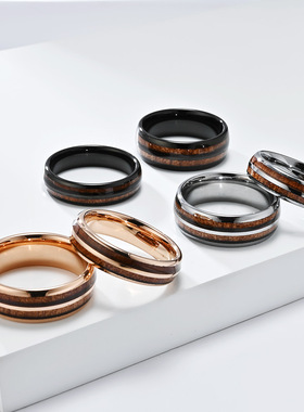 欧美6 8mm高级感钨钢镶木纹指环钨金时尚双槽木头男女情侣戒指