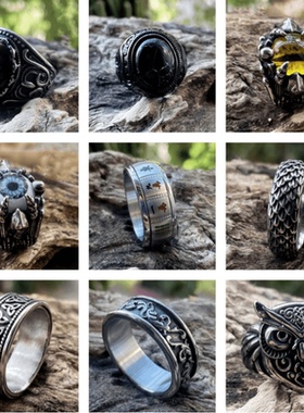 ROCK PUNK时尚欧美复古风中古图腾戒指霸气做旧暗黑潮人个性指环