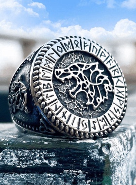 ROCK PUNK欧美风时尚潮牌字母维京戒指北欧动物狼头钛钢复古指环