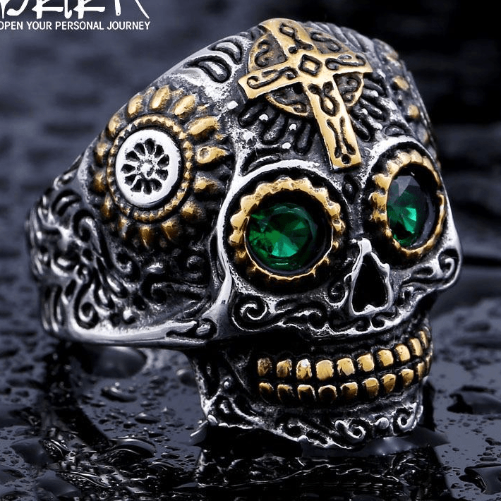 Rock Punk钛钢时尚骷髅戒指 时尚潮牌创意男士复古个性雕花十字