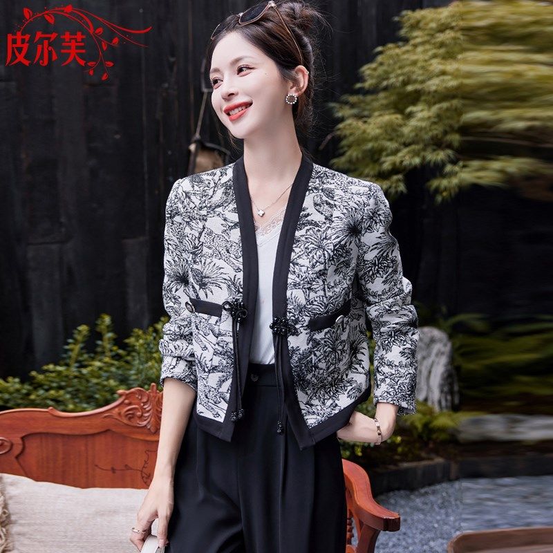 中国风唐装女改良款潮高端提花开衫春秋长袖上衣一粒扣V领小外套