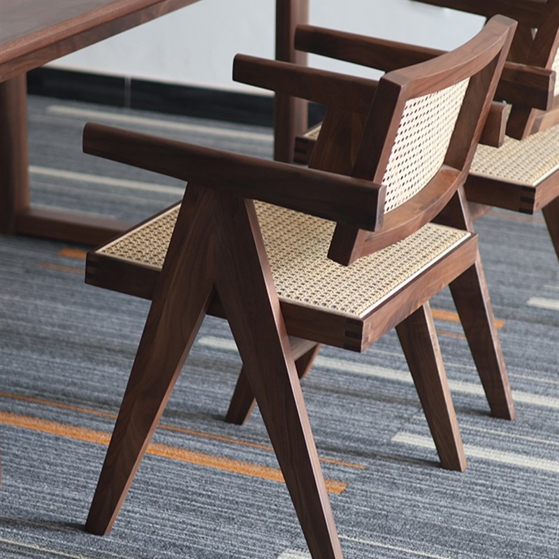 北美黑胡桃木藤编昌迪加尔椅子家用餐椅实木侘寂风格简约扶手椅子