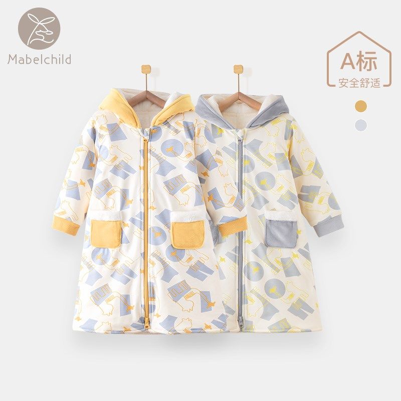 宝宝睡袍秋冬纯棉男女童连帽睡袋防踢家居服保暖拉链睡裙婴儿睡衣