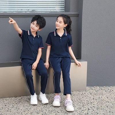 新品夏季红色儿童校服套装初高中班服小学生棉短袖T恤长裤两件套