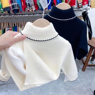 女童加绒毛衣一体绒冬季新款保暖白色打底衫儿童黑色高领童装洋气