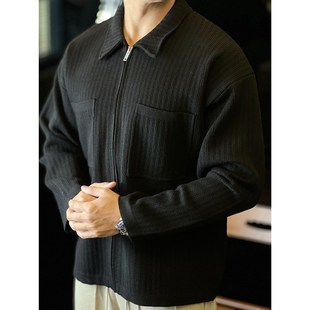 简素Design绵羊毛拉链肌理针织短款外套开衫宽松男士毛衣上衣秋冬