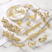 轻奢金色玄关柜门纯铜拉手抽屉斗柜餐边柜衣柜子花朵小鸟黄铜把手
