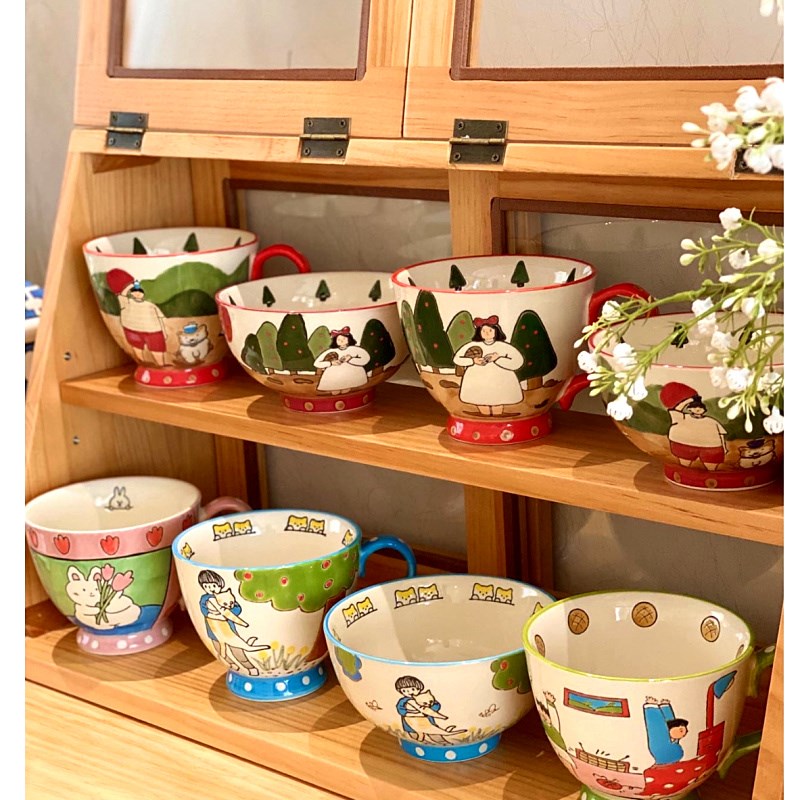 韩式手工绘制卡通浮雕陶瓷杯大容量家用早餐燕麦片学生牛奶水杯子