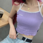 韩国CRANK背心女挂脖吊带蕾丝短装 2021夏季 新款 露腰显瘦打底上衣