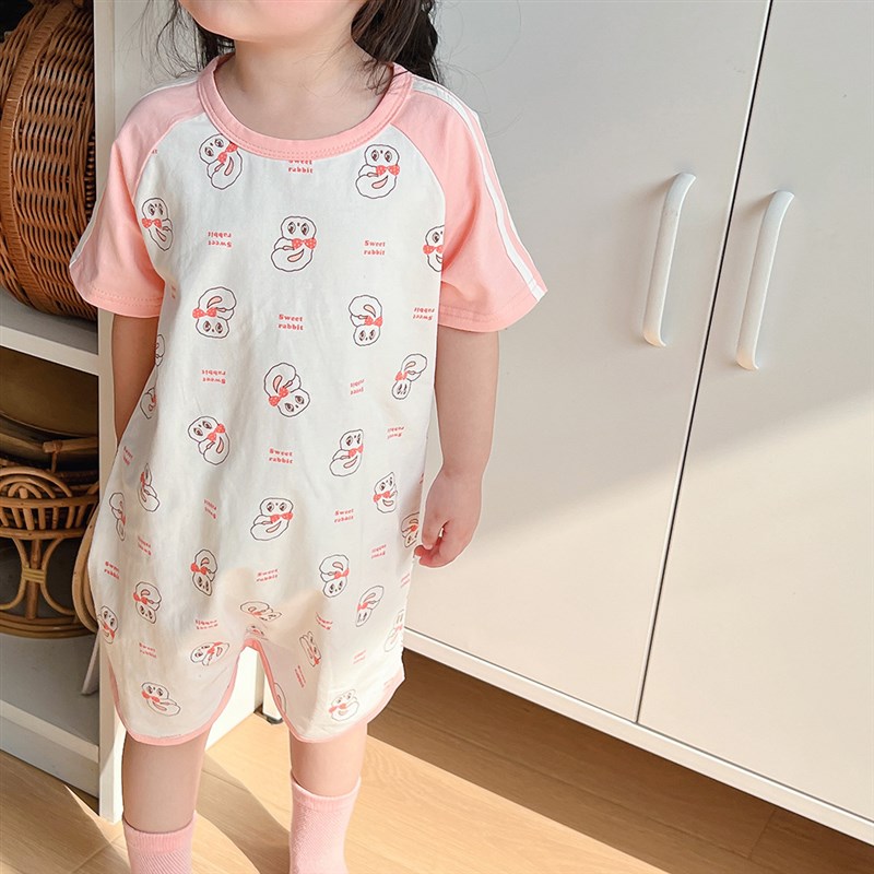 宝宝夏季婴幼儿童短袖睡袍睡裙男童女孩纯棉家居连体睡衣可爱薄款