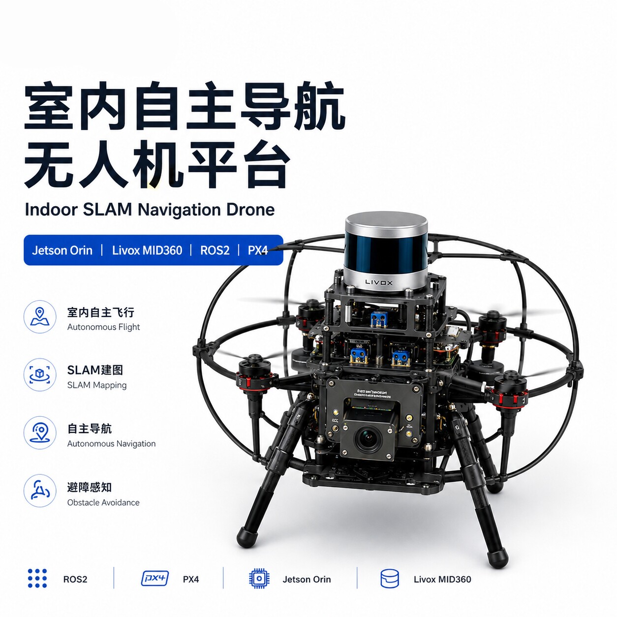 瓴乐一站式室内自主导航与SLAM无人机平台 支持ROS2、PX4、FAST-LIO定制款