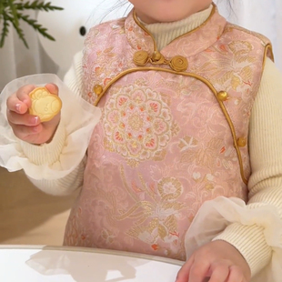 加棉冬季新款国风粉色女童无袖加绒保暖马甲中式夹棉改良旗袍裙