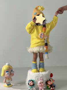 可爱黄色系出片新款冬女童新年星星上衣毛开衫套头毛衣凸凸裙套装