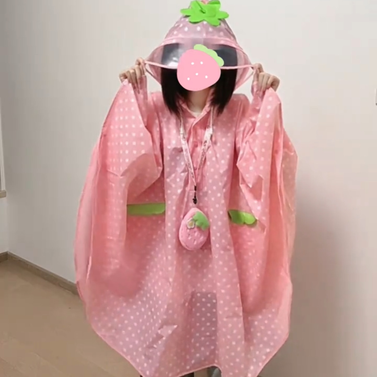 雨披雨衣耐用可爱EVA防风防水防雨粉底白色波点可爱超萌草莓