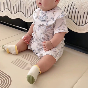 婴儿爬爬服夏季男女宝宝薄款a类透气开档连体哈衣短袖口水巾