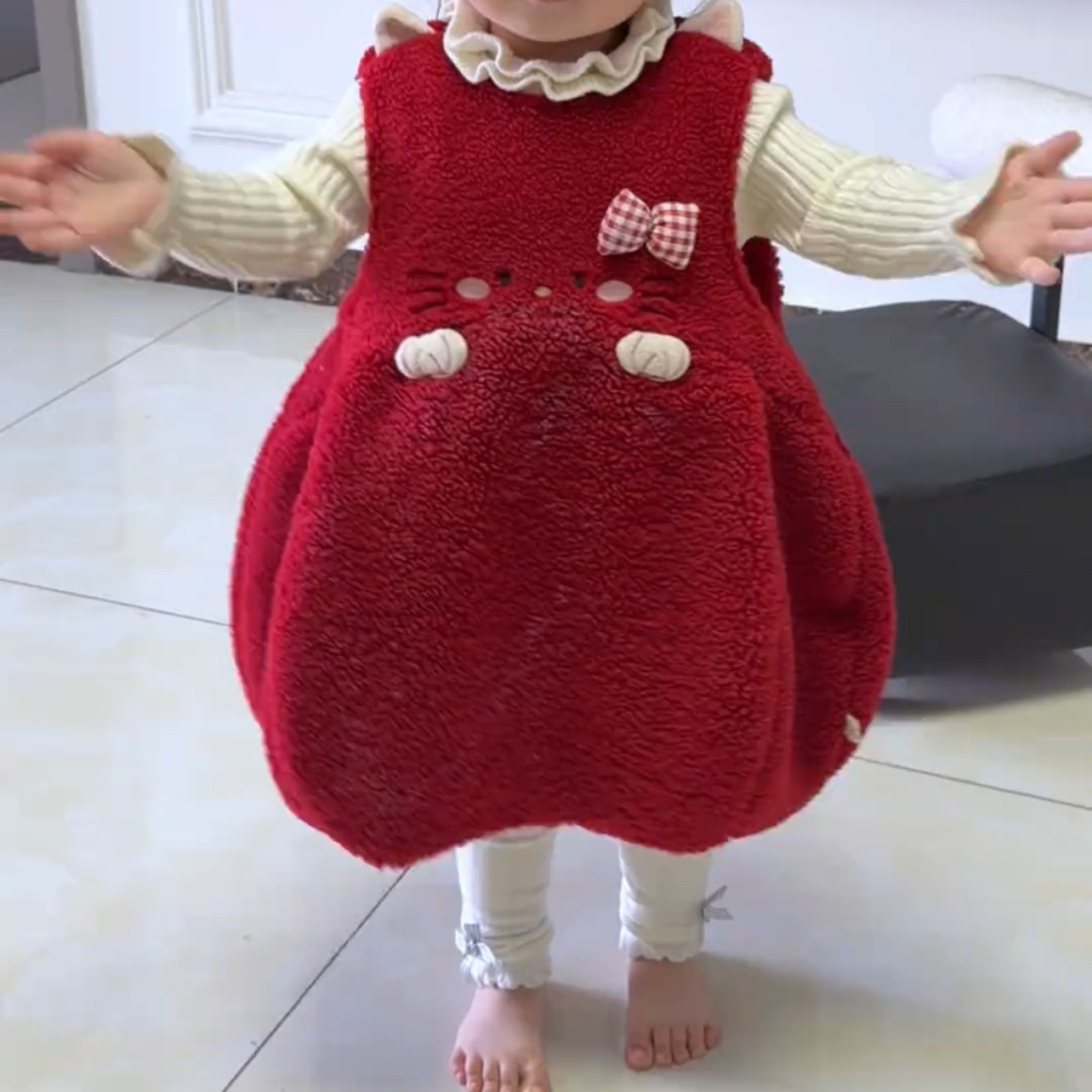 套装女童纯色拜年服2025新款冬季喜庆过年宝宝加厚连衣裙猫咪裙子