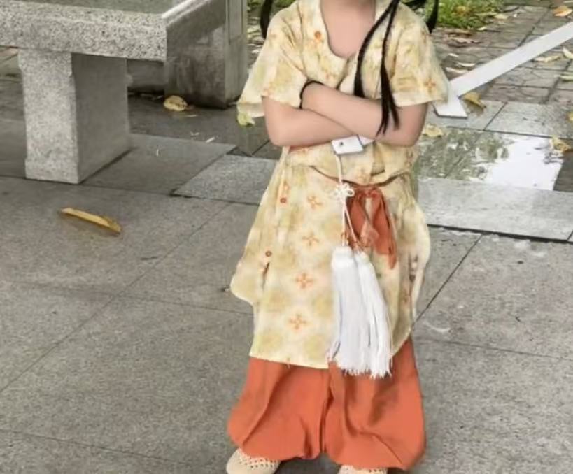 童装夏季新中式男宝宝盘扣花朵印花国风上衣纯色薄款短裤两件套装