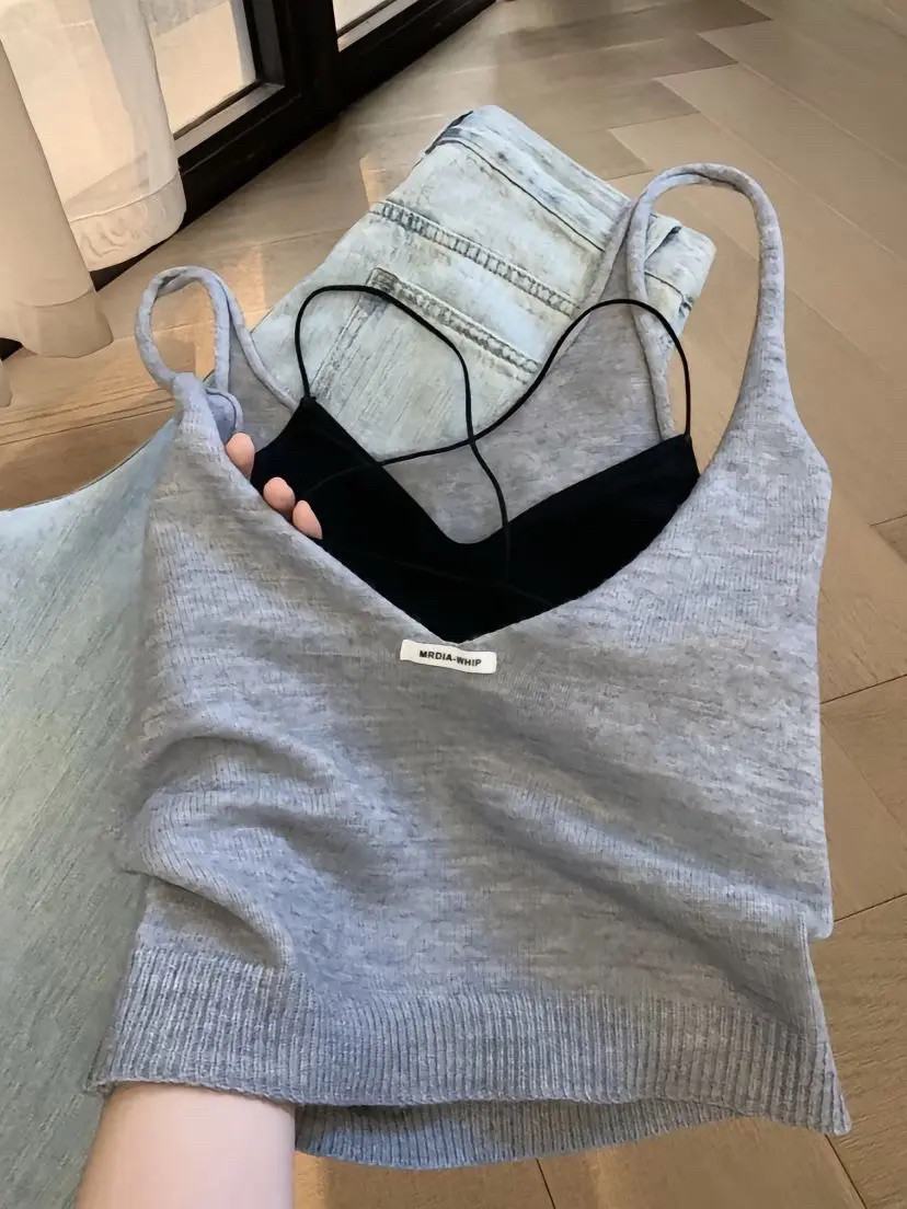 灰色针织背心女夏季设计感叠穿外搭辣妹马甲打底露背无袖吊带上衣