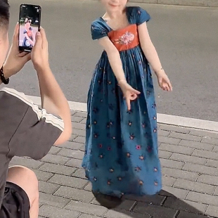 2025新款中国风新中式汉服女孩蓝色碎花连衣裙子女童旗袍儿童夏装