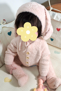 粉色毛茸茸毛绒小熊衣服超萌家居服春秋宝宝毛茸茸连体睡衣儿童
