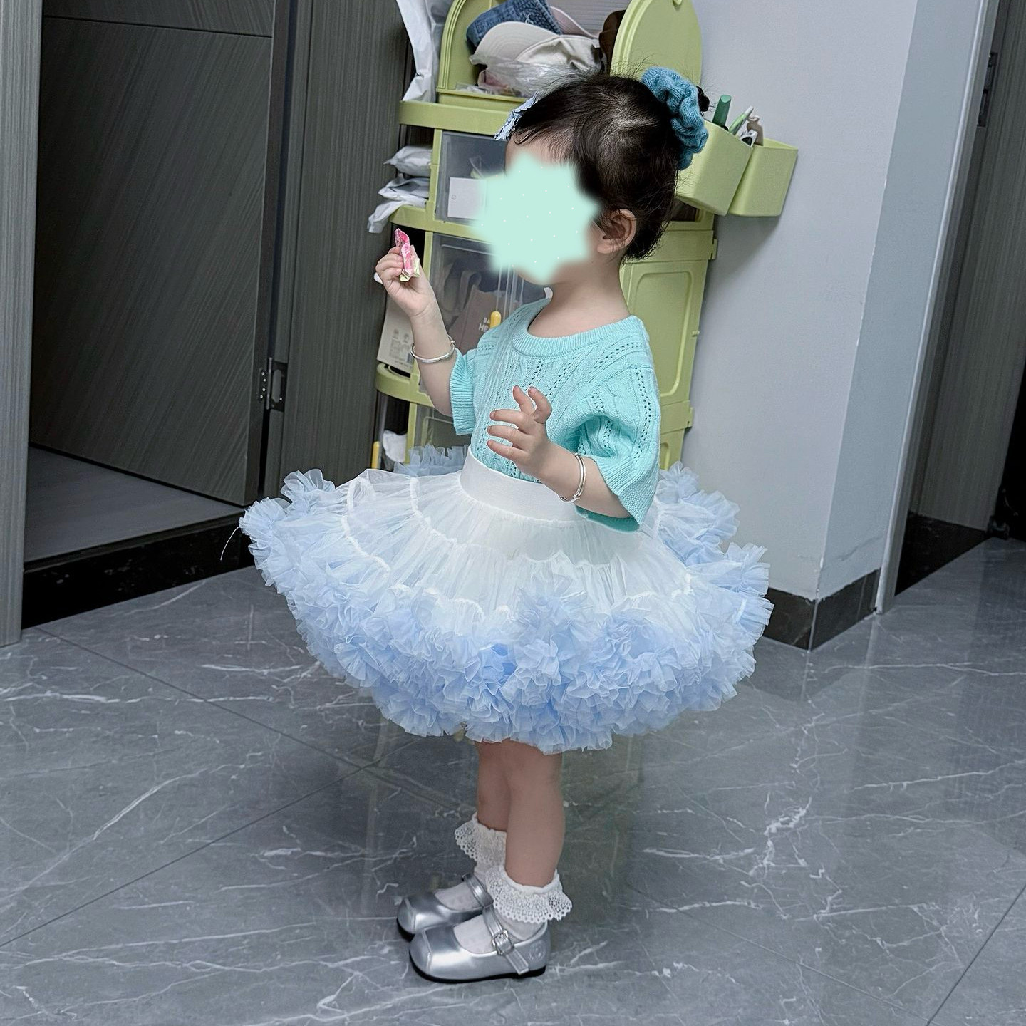 冰蓝色蓝白渐变蓬蓬裙儿童女童百搭公主风裙撑tutu裙半身裙
