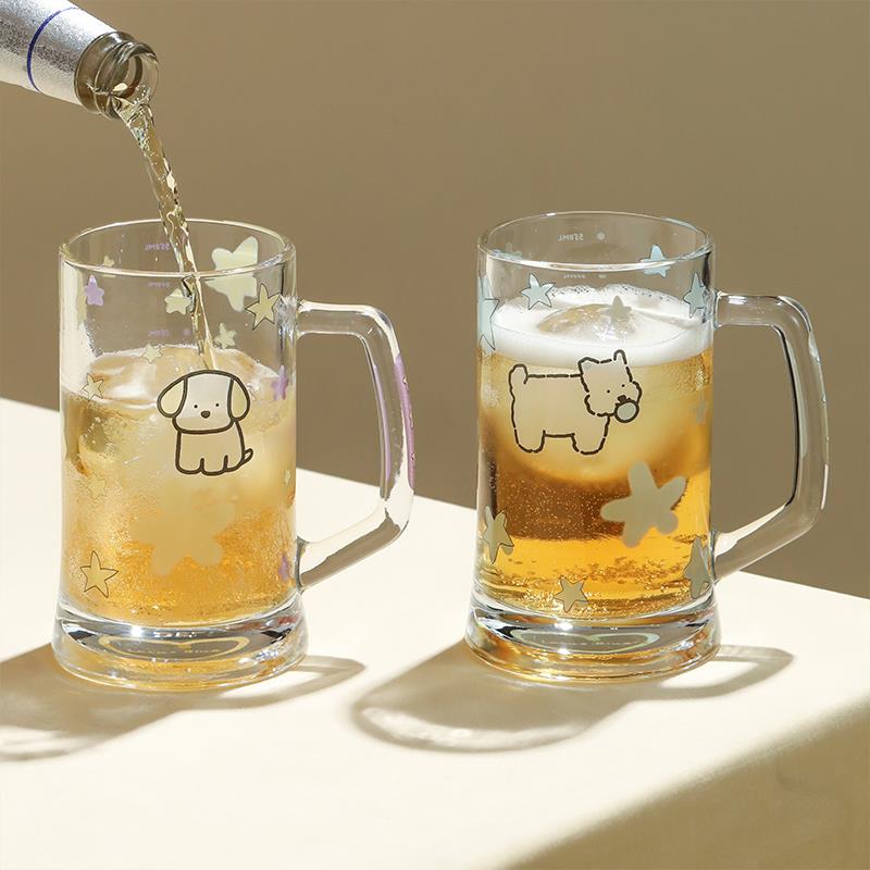 蓝莲花家居高颜值玻璃啤酒杯水杯果汁冷饮杯家用大容量带把手杯子