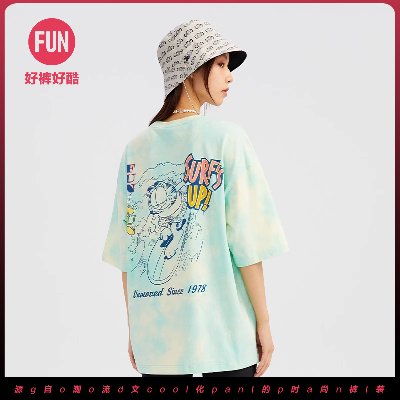 Fun潮牌短袖T恤男女夏季新款卡通扎染加菲猫印花圆领宽松情侣上衣