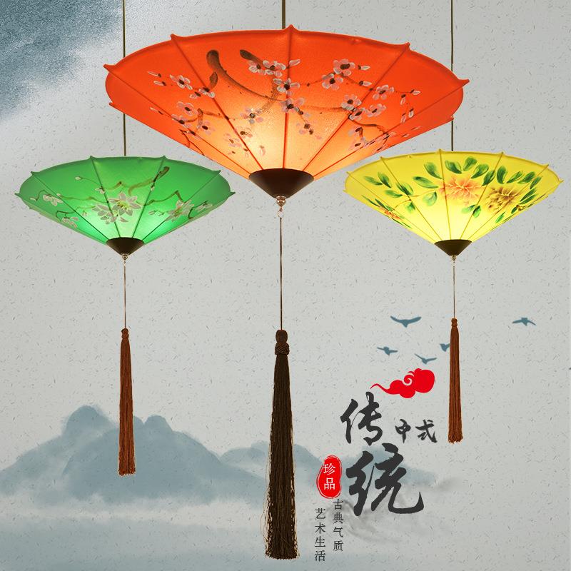 新中式布艺雨伞灯手绘仿古日式中国风古典饭店民宿茶楼火锅店吊灯