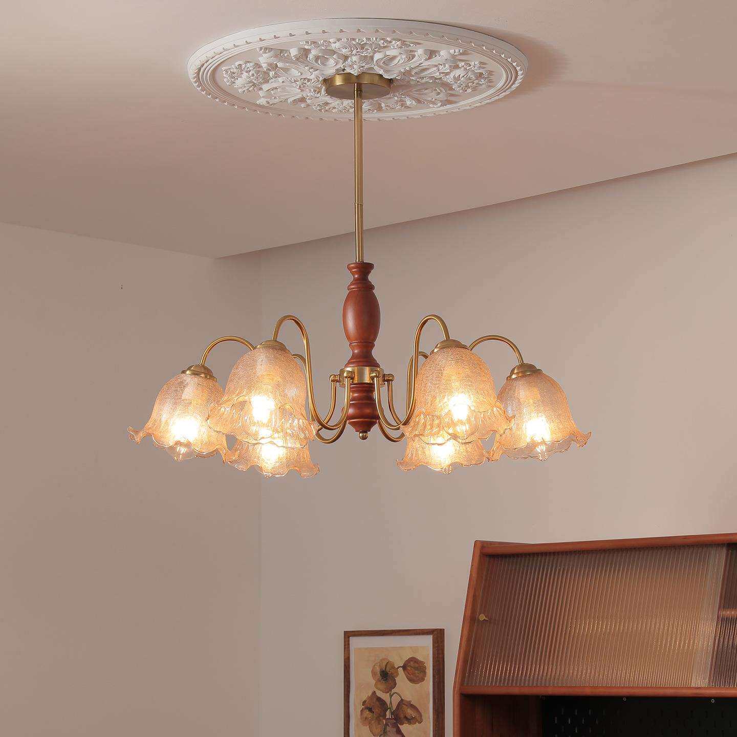 中古客厅吊灯复古卧室书房美式胡桃木花朵客厅别墅餐厅玻璃吊灯