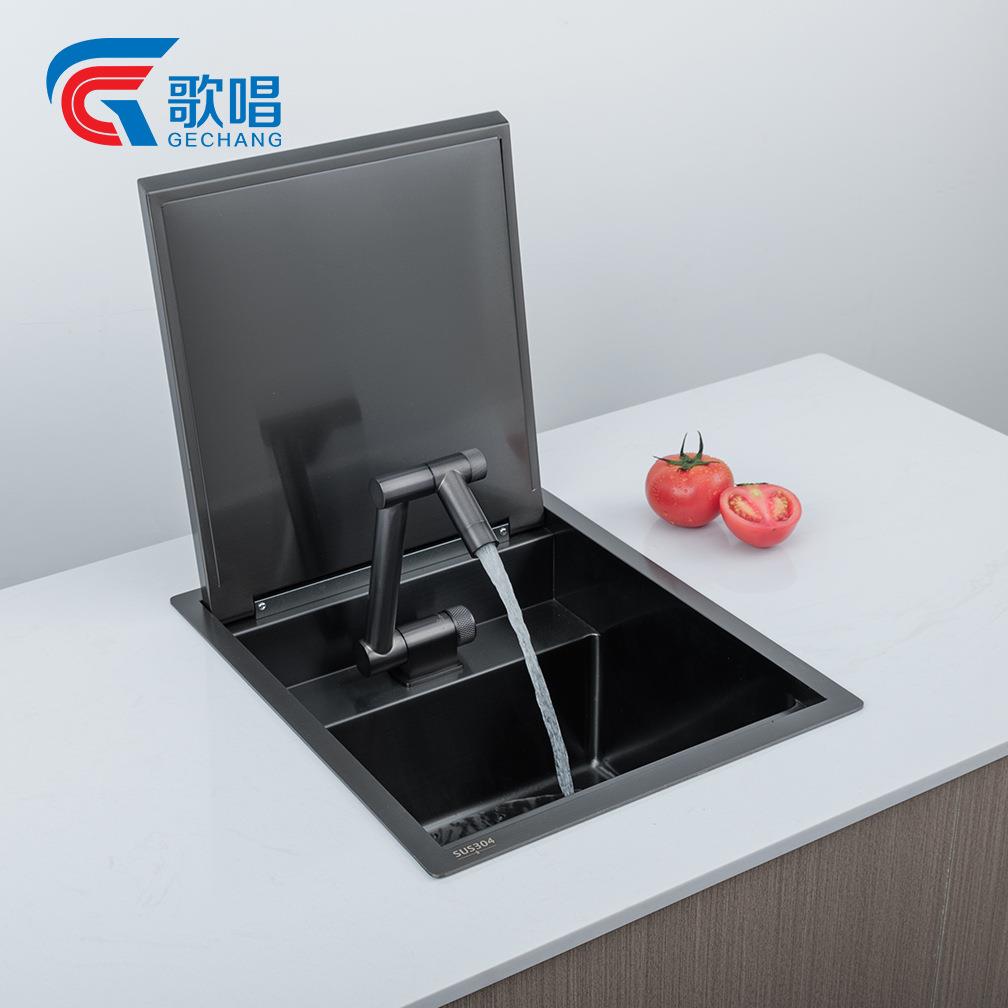 歌唱吧台水槽隐形带缓降翻盖中岛台水池房车小单槽迷你台中盆台下
