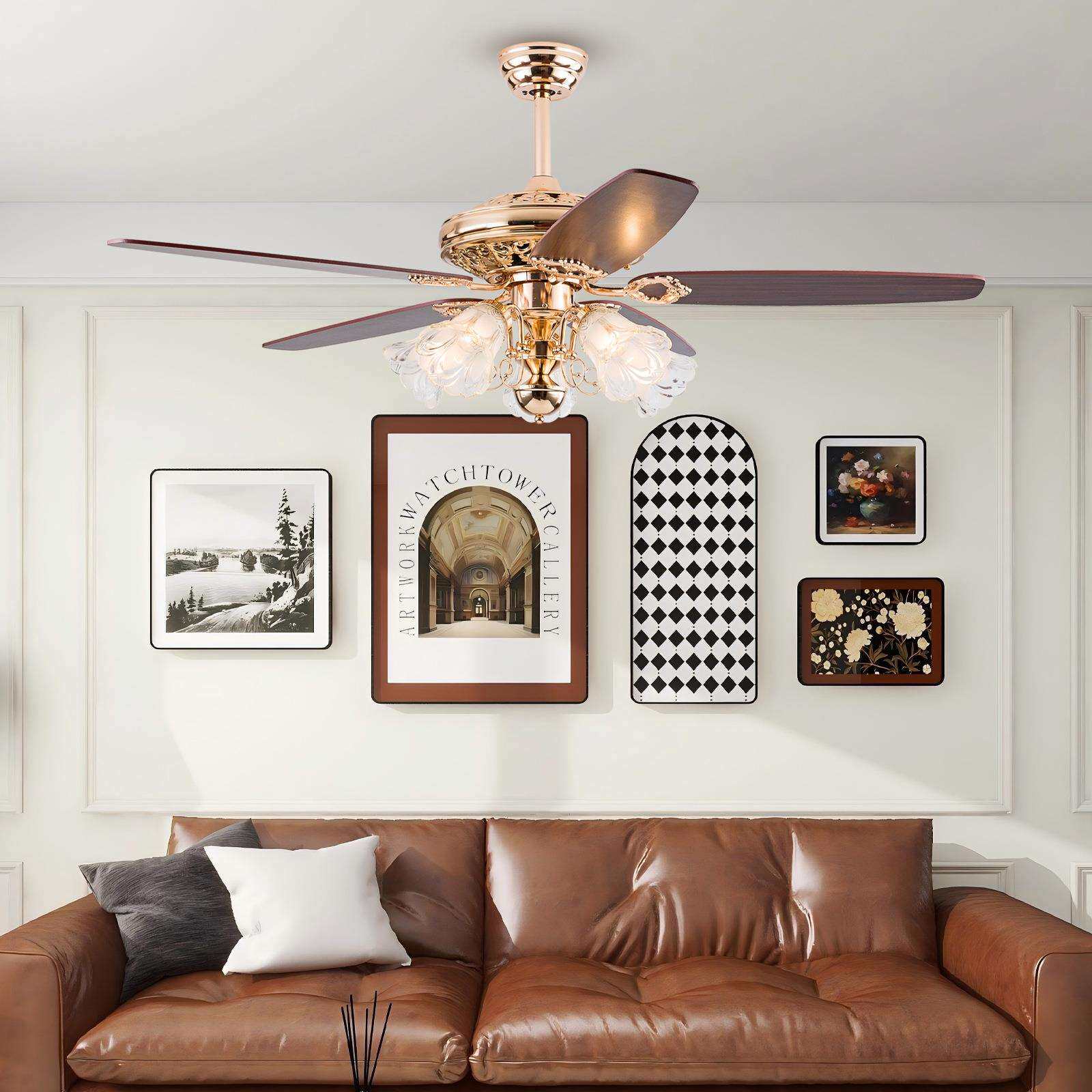 金色风扇灯52寸木叶餐厅客厅吊扇带灯遥控灯具无极调光可遥控调光