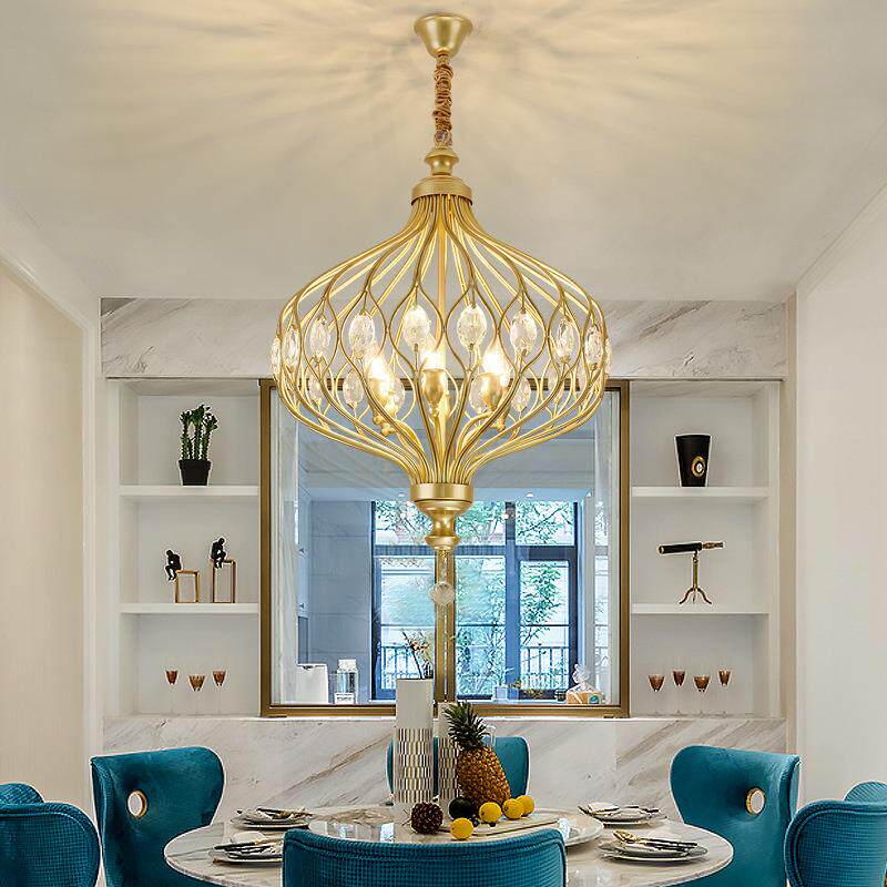 轻奢铁艺吊灯创意 楼道书房简约水晶灯金色新款复古餐厅LED灯具