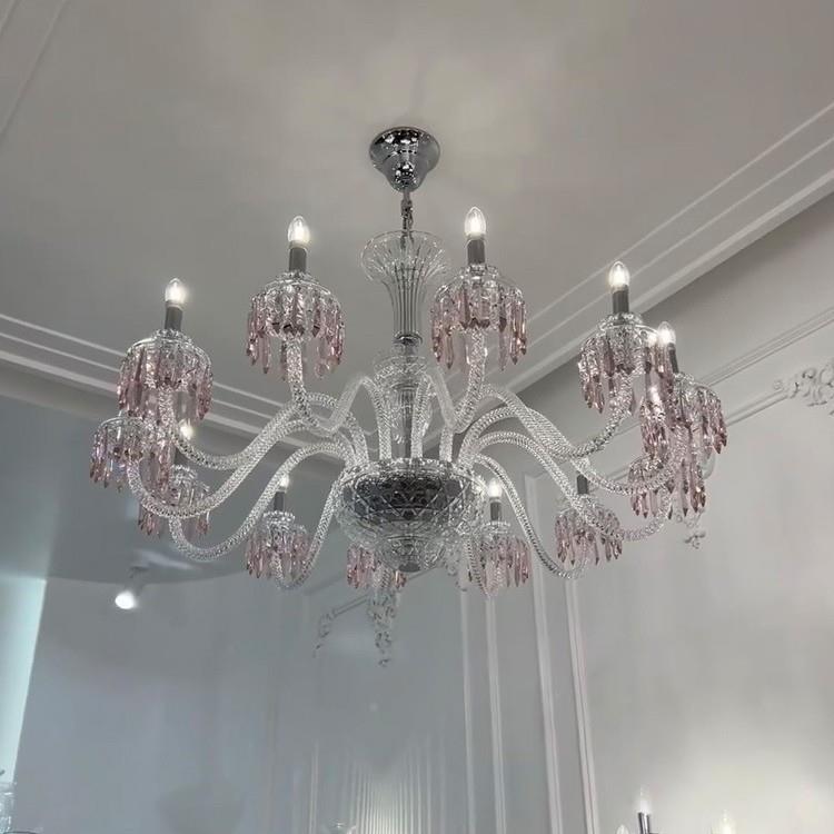 法式客厅灯餐厅吊灯楼梯设计师挑空复式别墅中古风卧室粉色水晶灯