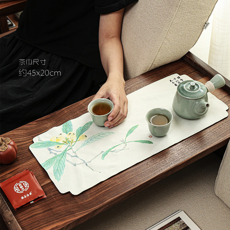 新中式彩绘麂皮茶巾长方形吸水干泡茶席不掉毛禅意桌布茶道配件