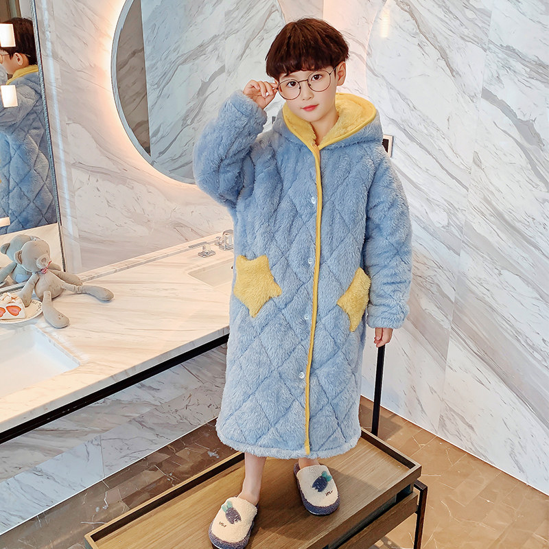 儿童睡袍冬季加厚款男童夹棉长款男孩秋冬法兰绒珊瑚绒加绒睡衣