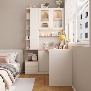 奶油风儿童学习桌家用卧室小户型转角书架书桌一体床头柜组合定制