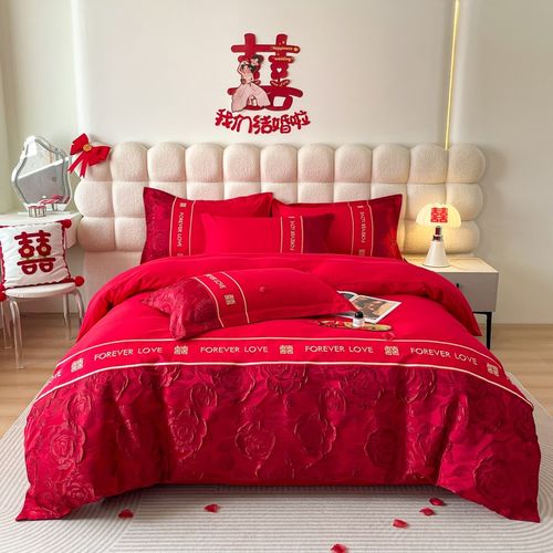 新中式160支结婚四件套红色床单被套被罩新婚庆床上用品婚房陪嫁4