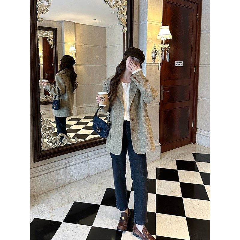 NAZ那子大码秋冬新款羊毛西装外套胖mm复古英伦洋气显瘦A字裙套装