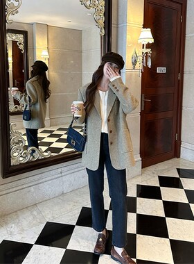 NAZ那子大码秋冬新款羊毛西装外套胖mm复古英伦洋气显瘦A字裙套装