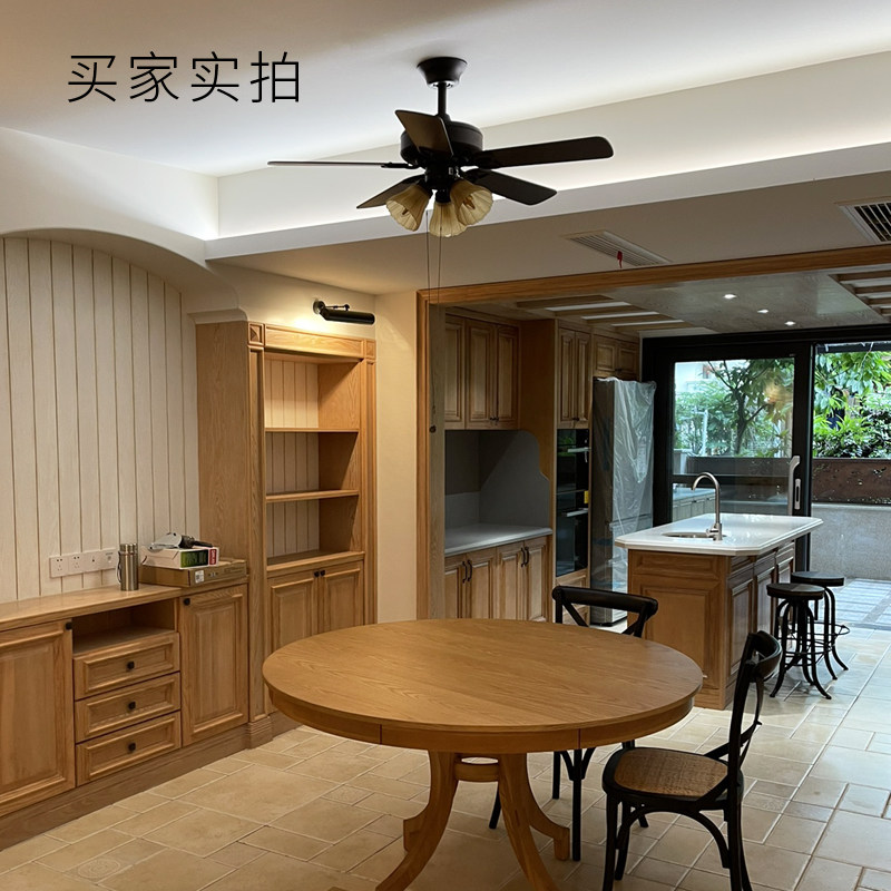 黑色复古吊扇灯欧式仿古木叶电扇灯餐厅风扇灯美式田园带灯吊扇
