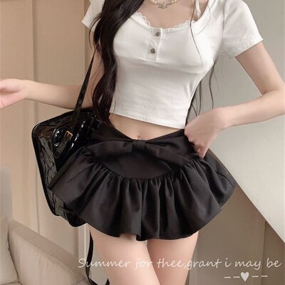 法式黑色蝴蝶结半身裙女夏装防走光高腰裤裙A字蓬蓬裙荷叶边半裙