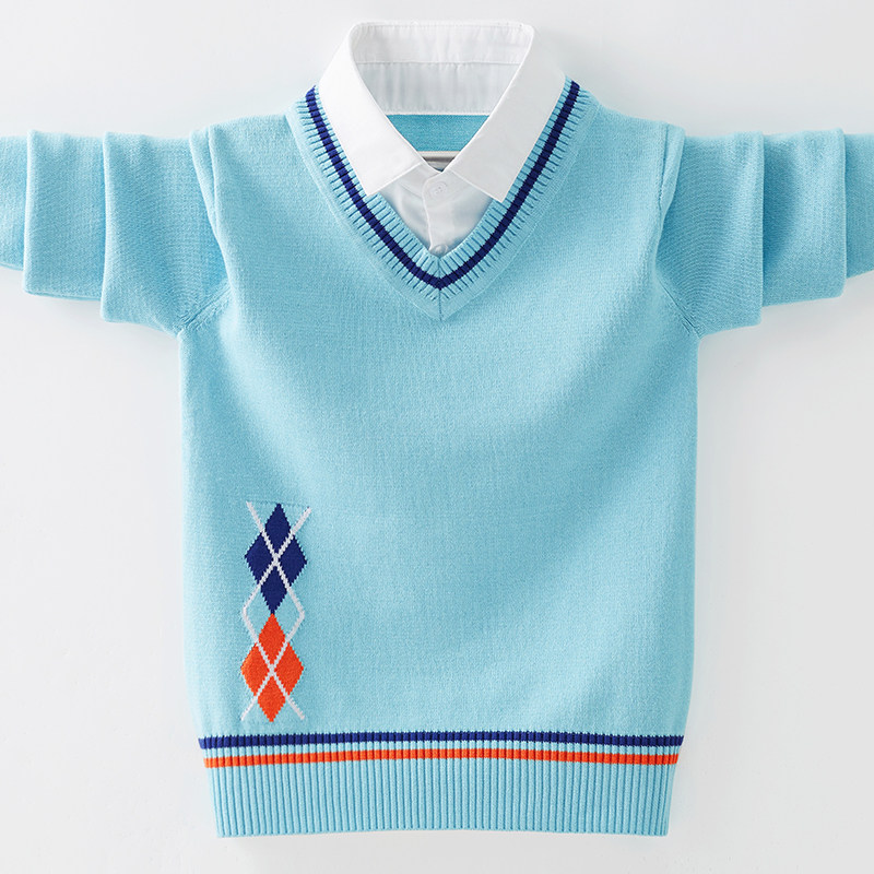 男童衬衫领毛衣假两件2023春秋新款儿童套头针织衫加绒加厚中大童