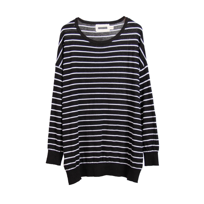 大码黑白条纹长袖套头针织打底衫宽松中长款毛衣女上衣春秋新款