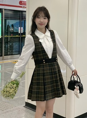 松果小姐连衣裙女小个子收腰学院风衬衫连衣裙套装棕东京岁时记jk