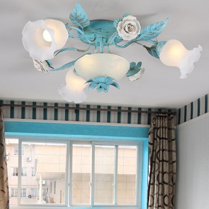 蓝色田园吸顶灯客厅卧室灯别墅民宿女孩房间铁艺陶瓷玫瑰花朵灯饰