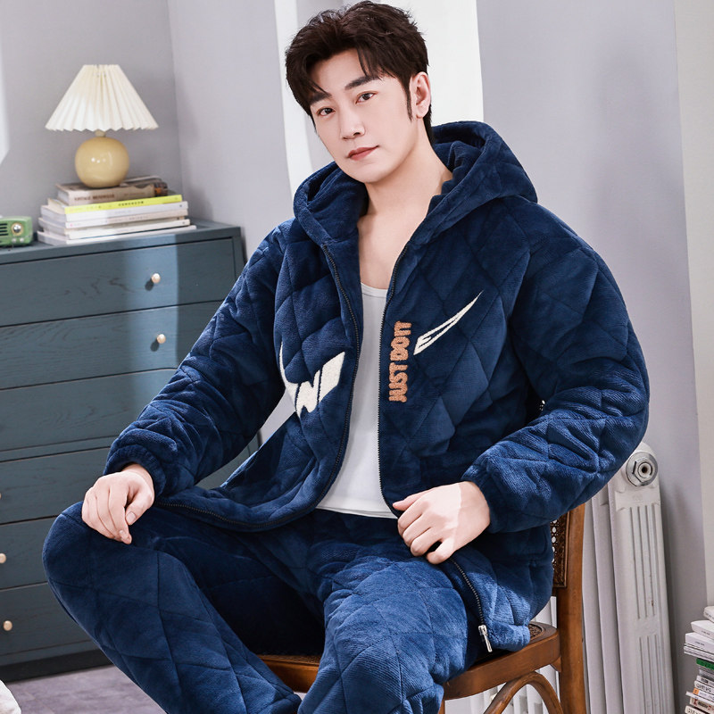 连帽男士睡衣秋冬季珊瑚绒三层夹棉袄加厚加绒法兰绒青少年家居服
