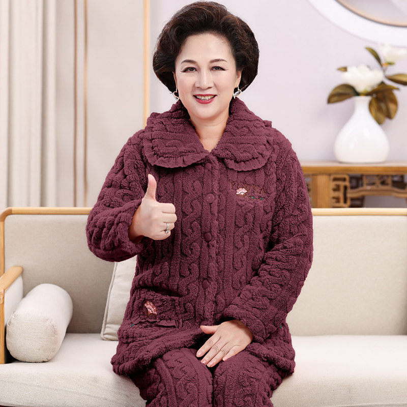 珊瑚绒睡衣女秋冬季加厚加绒中老年人妈妈款保暖法兰绒家居服套装